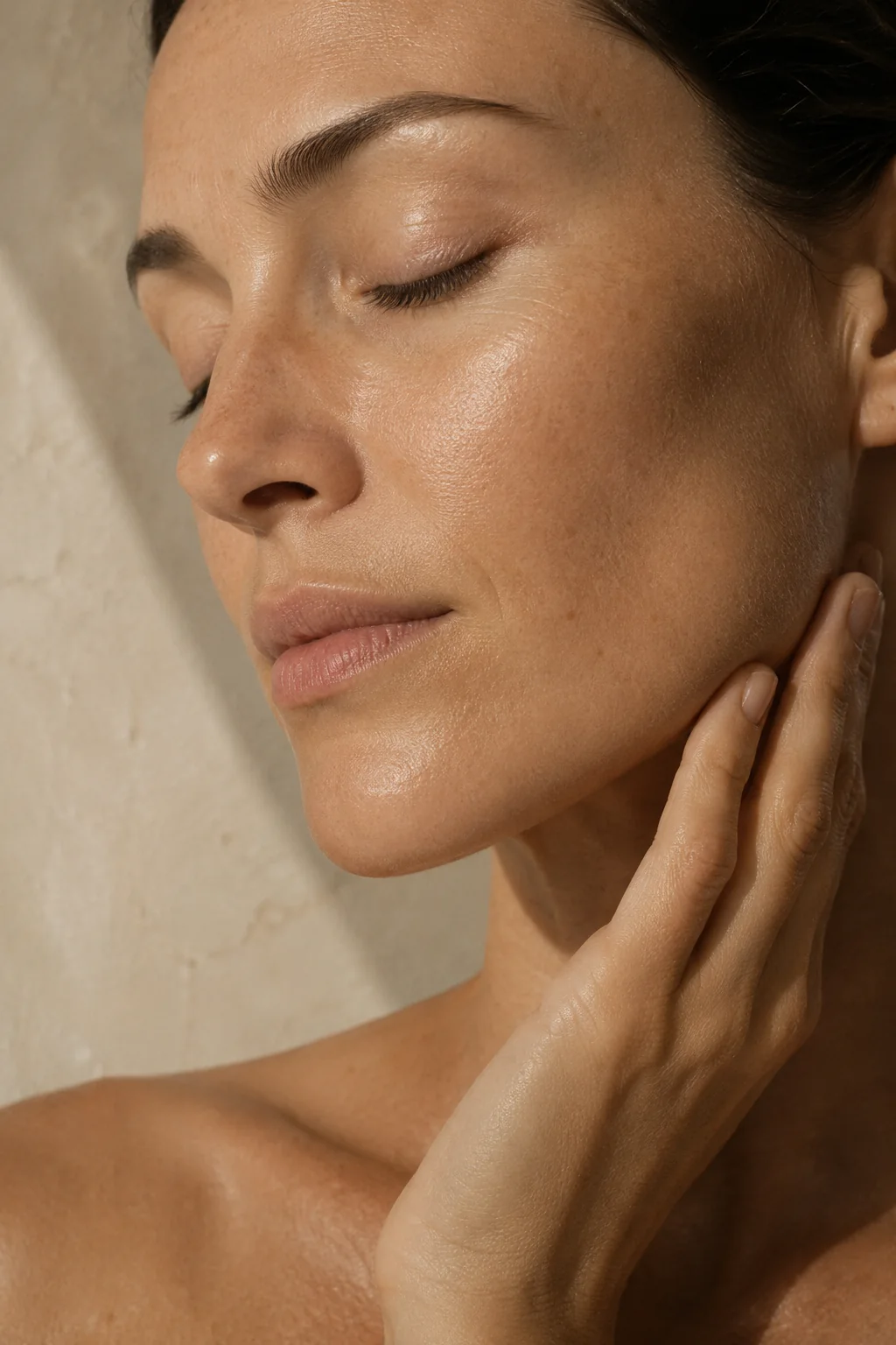 Close portrait of a woman with bare, unretouched skin in warm daylight