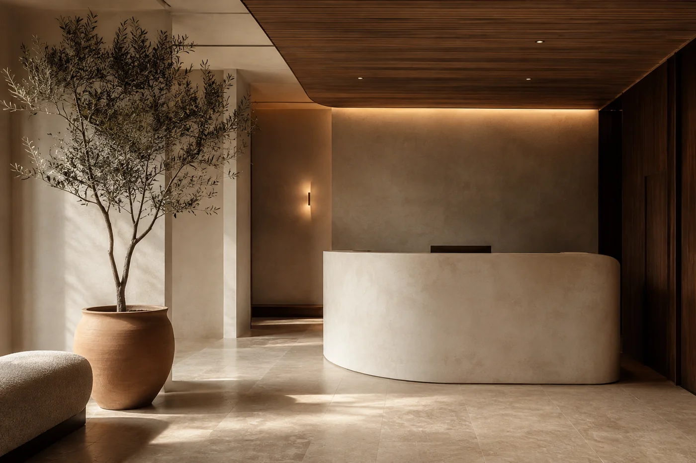 Reception with a curved plaster desk, oak slat ceiling and an olive tree