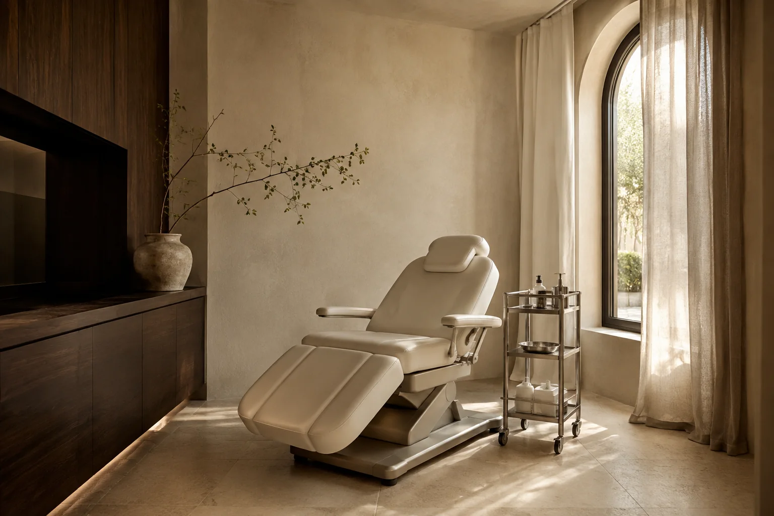 Minimal treatment room with a cream leather chair, steel trolley and an arched window